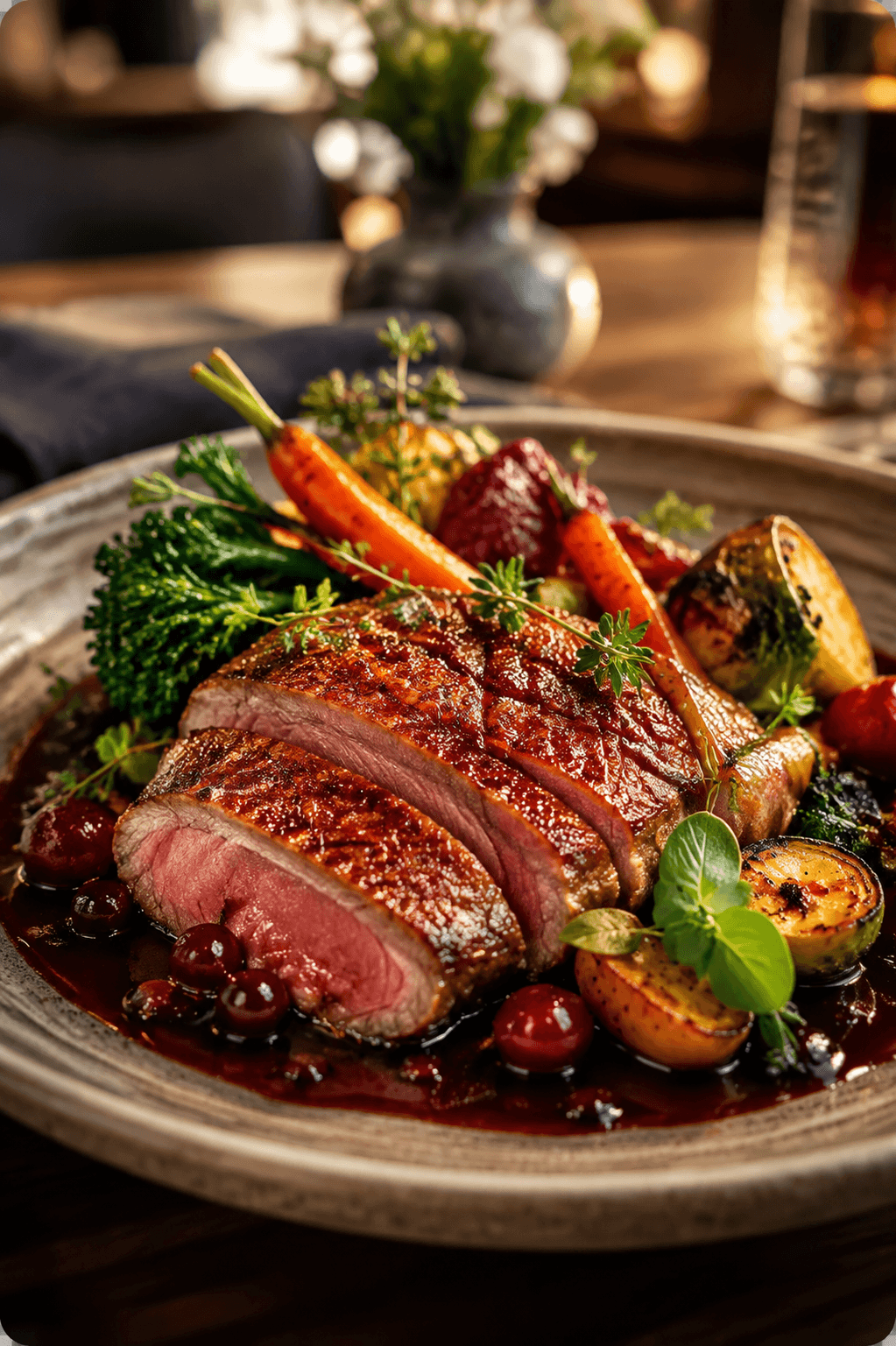 A restaurant-quality seared dish with jewel-toned vegetables, herbs, and a glossy sauce